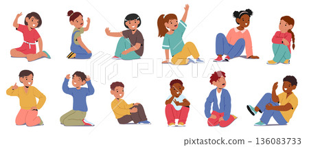 Cute kids cartoon characters sitting waving their hands in friendly greeting gesture isolated set Cute kids cartoon characters sitting waving their hands in friendly greeting gesture isolated set 136083733