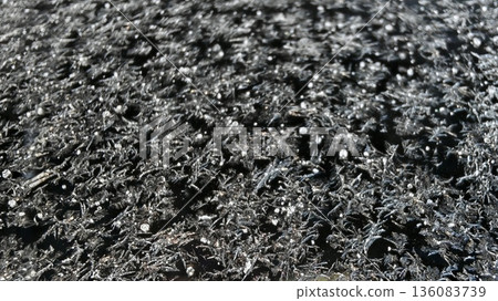Macro Frost Crystals on Dark Surface. Intricate ice frost patterns and sparkling crystals on black textured background in winter. Macro Frost Crystals on Dark Surface. Intricate ice frost patterns and sparkling crystals on black textured background in winter. 136083739
