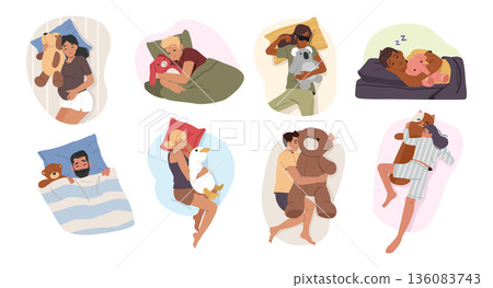 Diverse people characters sleeping peacefully with favorite toy isolated cartoon scenes set 136083743