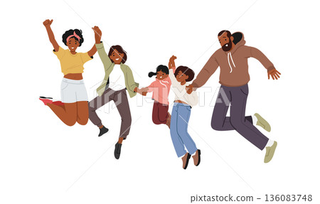 Cheerful family cartoon characters jumping together while holding hands isolated on white background Cheerful family cartoon characters jumping together while holding hands isolated on white background 136083748