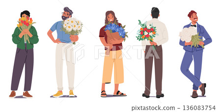 Men cartoon characters with bouquets of flowers in hands standing in different poses isolated set Men cartoon characters with bouquets of flowers in hands standing in different poses isolated set 136083754