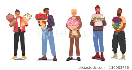 Happy smiling diverse men cartoon characters with bouquets of flowers in hands standing in row 136083756