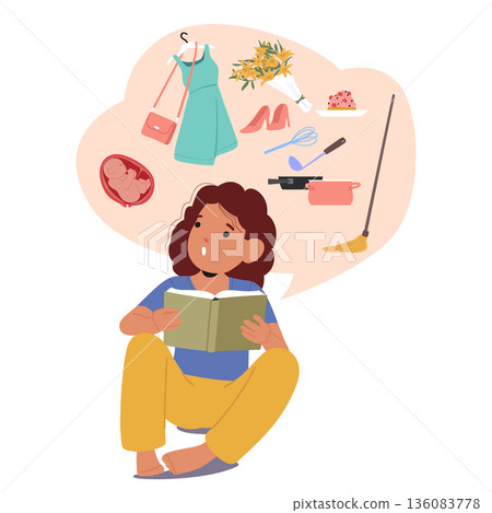 Little girl child cartoon character reading about traditional gender roles and social stereotypes 136083778