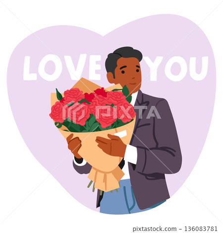 Stylish man cartoon character holding rose flowers bunch sharing love with wonderful floral bouquet Stylish man cartoon character holding rose flowers bunch sharing love with wonderful floral bouquet 136083781