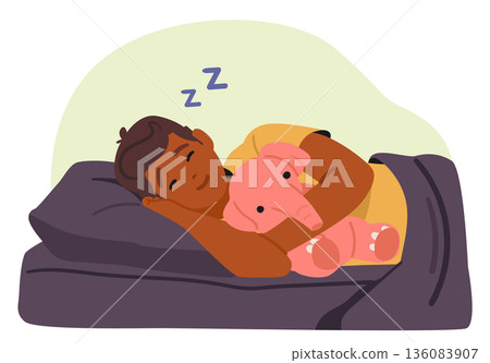 Preteen boy character sleeping under blanket with toy elephant stuffed animal in hugs cartoon scene 136083907