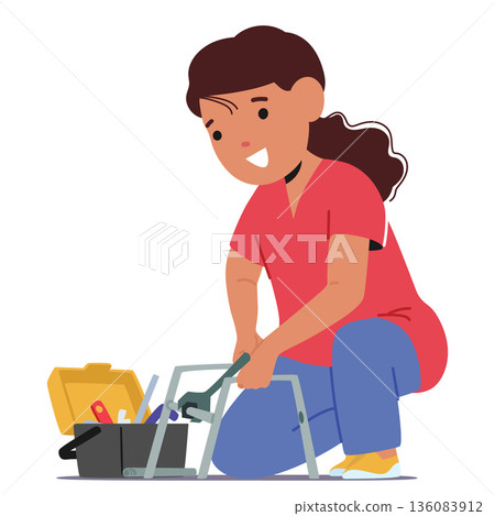 Girl child portraying a technician or engineer role challenging traditional feminine stereotypes Girl child portraying a technician or engineer role challenging traditional feminine stereotypes 136083912