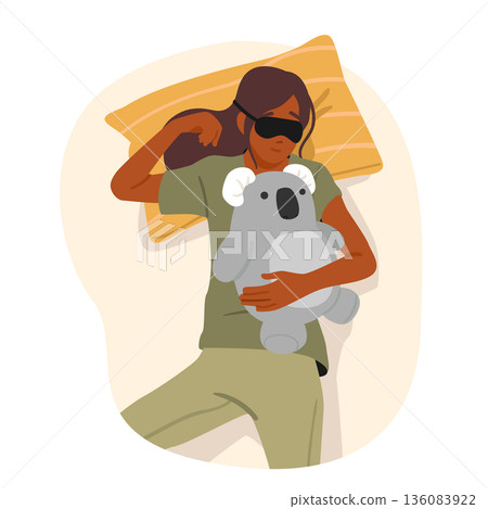 Teenage girl character in pajamas and facial sleep mask napping with cute koala toy cartoon scene 136083922