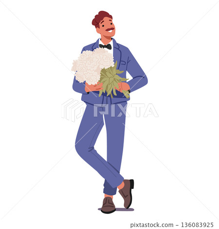 Happy smiling stylish man in trendy suit with beautiful bouquet of white flower blooms full length 136083925