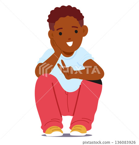 Happy smiling boy cartoon character sitting on floor gesturing v-sign showing success and positivity 136083926