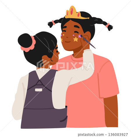 Cute cartoon scene of happy mother and little daughter making face makeup and body art together 136083927