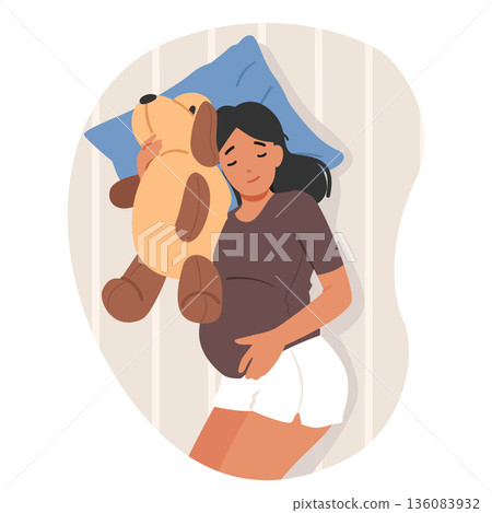 Relaxed young pregnant woman character sleeping while hugging big soft dog toy cartoon scene 136083932