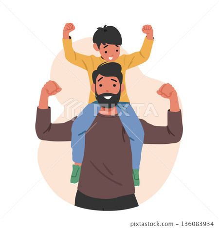 Strong paternal bond cartoon portrait scene of happy father and son showing biceps together 136083934