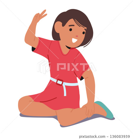 Cute little kid cartoon character sitting waving hand making hello gesture isolated on white 136083939