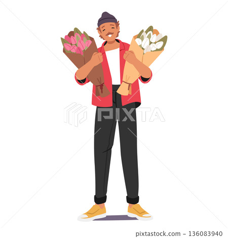 Happy smiling man cartoon character holding two bouquets of tulips isolated full-length portrait 136083940