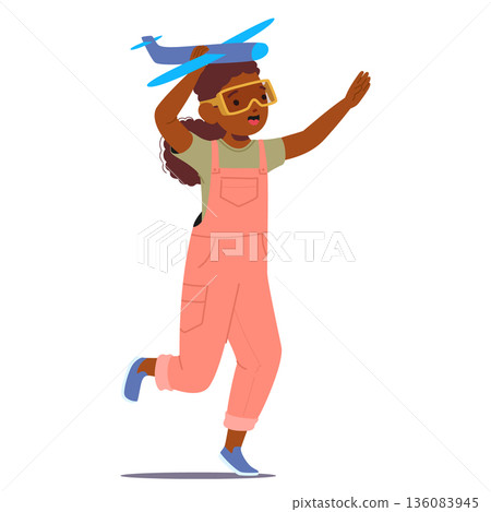 Preschool girl imagining being like pilot playing with toy plane breaking gender stereotypes 136083945