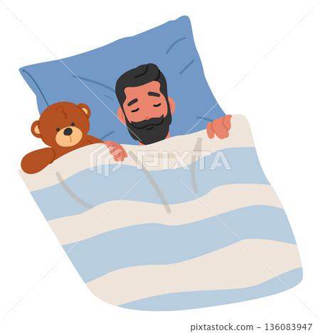 Cozy cartoon scene of adult bearded man sleeping peacefully under blanket with favorite plush toy 136083947