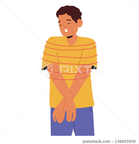 Man cartoon character suffering from chest tightness feeling pressure, stiffness isolated on white Man cartoon character suffering from chest tightness feeling pressure, stiffness isolated on white 136083950