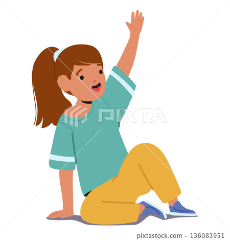 Happy girl kid cartoon character waving hand offering friendship welcome to play sitting on floor 136083951