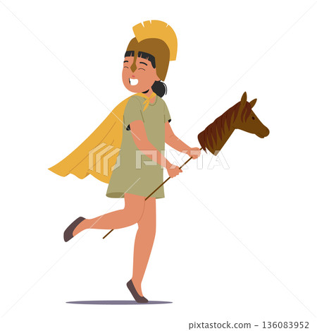 Preschool girl imagining herself as Roman centurion riding horse enjoying non-traditional role play 136083952