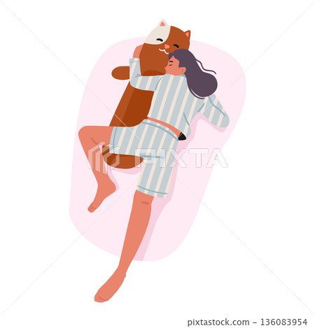 Young woman character wearing striped pajamas sleeping with large soft toy cat cartoon scene 136083954