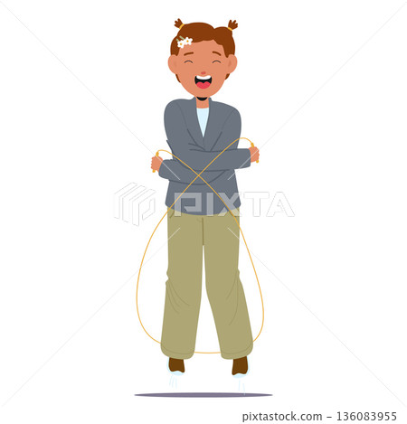 Joyful little girl child cartoon character laughing and jumping skipping rope isolated on white Joyful little girl child cartoon character laughing and jumping skipping rope isolated on white 136083955