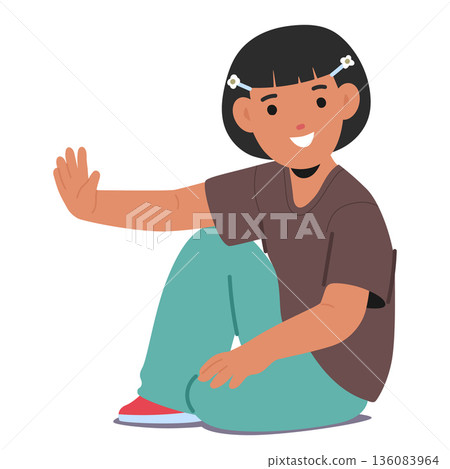 Pretty girl kid cartoon character waving hand while sitting on floor isolated on white background Pretty girl kid cartoon character waving hand while sitting on floor isolated on white background 136083964