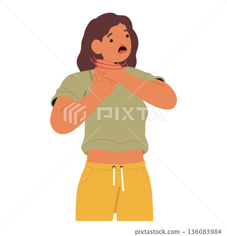 Stressed woman character feeling lack of air and shortness of breath as symptom of panic attack Stressed woman character feeling lack of air and shortness of breath as symptom of panic attack 136083984