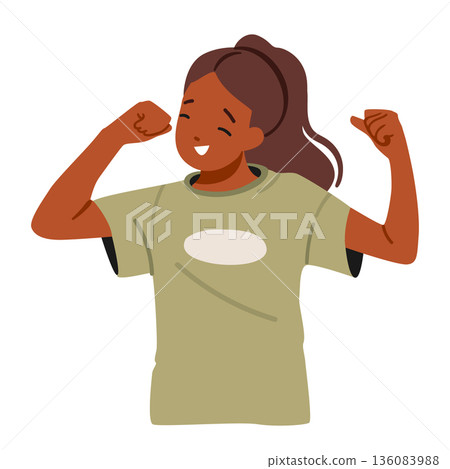 Preteen girl cartoon character showing biceps rejoicing her strength and power isolated portrait Preteen girl cartoon character showing biceps rejoicing her strength and power isolated portrait 136083988