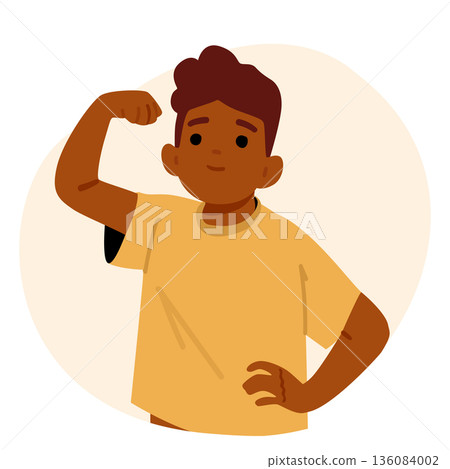 Highly motivated strong little boy cartoon character flexing his muscles and showing arms biceps Highly motivated strong little boy cartoon character flexing his muscles and showing arms biceps 136084002