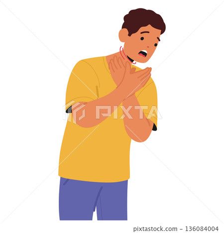 Anxious man feeling lack of air and gasping suffering from panic attack isolated on white background Anxious man feeling lack of air and gasping suffering from panic attack isolated on white background 136084004