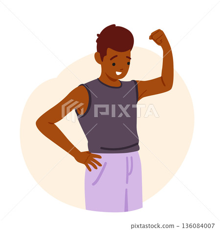 Preteen boy cartoon character flexing muscles standing in motivational pose with feelings of pride Preteen boy cartoon character flexing muscles standing in motivational pose with feelings of pride 136084007