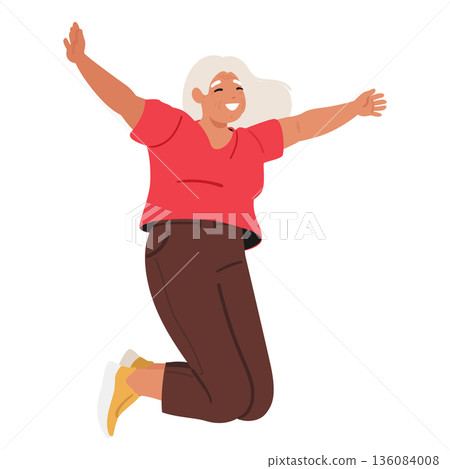 Happy excited elderly woman cartoon character jumping up high in air isolated on white background Happy excited elderly woman cartoon character jumping up high in air isolated on white background 136084008