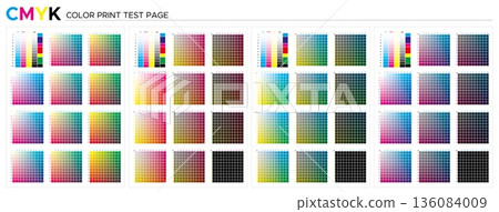 Color chart CMYK. Test page. CMYK process printing match. Cyan, magenta, yellow, black. Press table palette, color management, quality control in print production, prepress to choose color samples Color chart CMYK. Test page. CMYK process printing match. Cyan, magenta, yellow, black. Press table palette, color management, quality control in print production, prepress to choose color samples 136084009