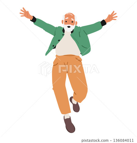 Happy grey-haired senior man cartoon character jumping up high in air isolated on white background 136084011