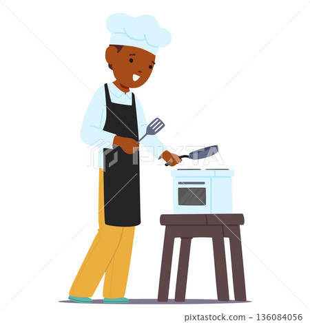 Happy little boy cartoon character choosing to play cooking role game breaking gender stereotypes Happy little boy cartoon character choosing to play cooking role game breaking gender stereotypes 136084056