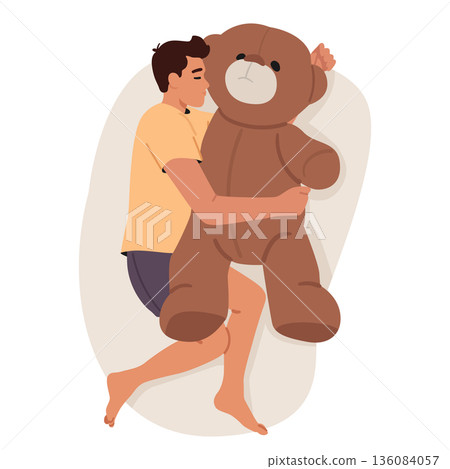 Teenage boy character sleeping soundly in his bed warmly embracing giant fluffy teddy bear scene 136084057