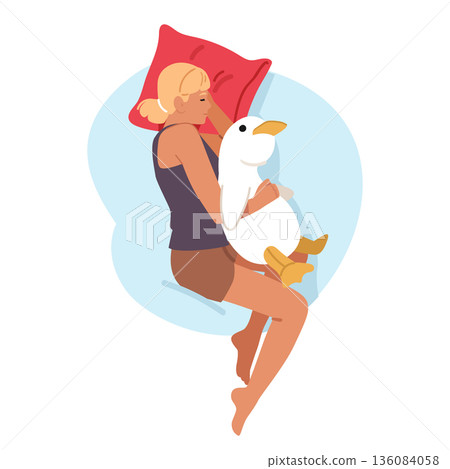 Peaceful cartoon scene of young woman sleeping in bed hugging cute toy duck enjoying relaxation 136084058