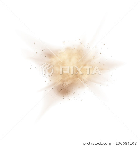 Dust brown cloud with flying sand particles, realistic dust powder haze overlay texture sandy-smoke splash vector effect 136084108