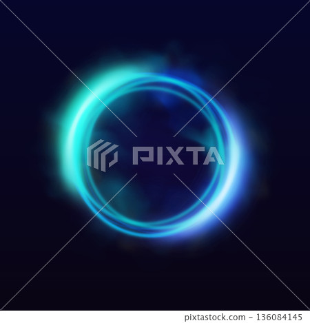 Blue neon halo with smoke, glowing ring with luminous aura on dark background, bright circles eclipse effect flare light Blue neon halo with smoke, glowing ring with luminous aura on dark background, bright circles eclipse effect flare light 136084145
