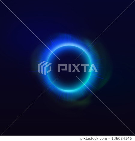 Blue neon halo with smoke and rays, glowing ring with bright luminous on dark background, bright eclipse flare effect 136084146