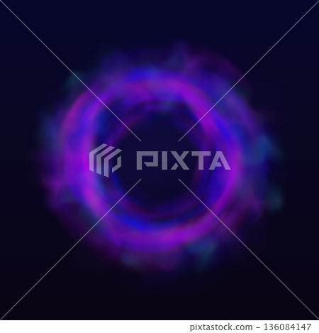 Blue neon halo with smoke, glowing ring with luminous aura on dark background, bright circle fog effect haze flare light 136084147