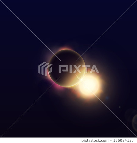 Solar eclipse vector illustration, golden glowing space planets in dark universe, spheres dark silhouette and shiny sun 136084153