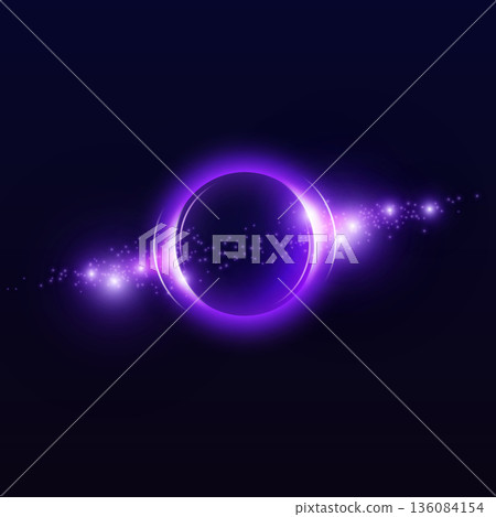 Purple neon halo circle with blur and rays, glowing ring with bright luminous on dark, radiant circular shape with flare 136084154