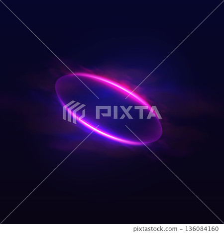 Purple neon halo with smoke, glowing ring with shiny luminous and haze on dark background, bright oval eclipse effect 136084160