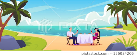 Newlywed couple having dinner on the beach with a glass of wine, palm trees, sandy shore and blue water flat vector Newlywed couple having dinner on the beach with a glass of wine, palm trees, sandy shore and blue water flat vector 136084206