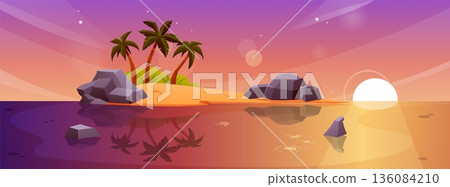Tropical island wallpaper with palm trees, rocks, and a sandy beach at sunset or sunrise. Tropical island wallpaper with palm trees, rocks, and a sandy beach at sunset or sunrise. 136084210