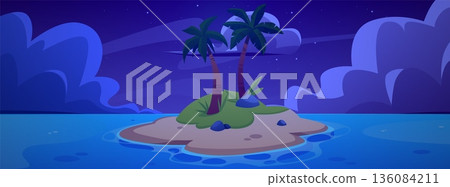 Tropical island with palm trees and blue water at night, vector flat uninhabited exotic island in ocean under starry sky Tropical island with palm trees and blue water at night, vector flat uninhabited exotic island in ocean under starry sky 136084211