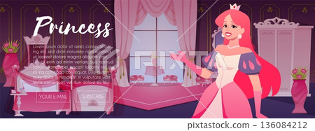 Princess room landing page vector design, beautiful princess with crown in pink royal bedroom, medieval castle interior Princess room landing page vector design, beautiful princess with crown in pink royal bedroom, medieval castle interior 136084212