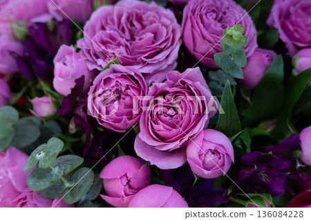 Purple peonies, romantic bouquet background. Flowers. 136084228