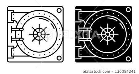 Linear icon. Closed entrance to bank vault protected by thick armored door with combination lock and screw handle. Simple black and white vector symbol isolated on white background Linear icon. Closed entrance to bank vault protected by thick armored door with combination lock and screw handle. Simple black and white vector symbol isolated on white background 136084241